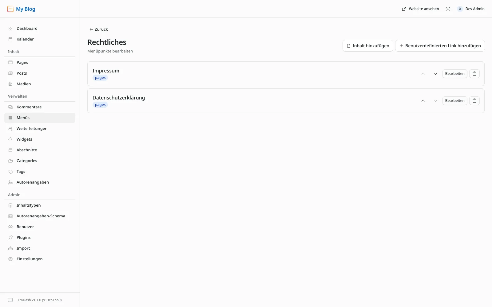 Menü Rechtliches im Adminbereich mit den Menüpunkten Impressum und Datenschutzerklärung, beide als Typ pages, oben die Knöpfe Inhalt hinzufügen und Benutzerdefinierten Link hinzufügen