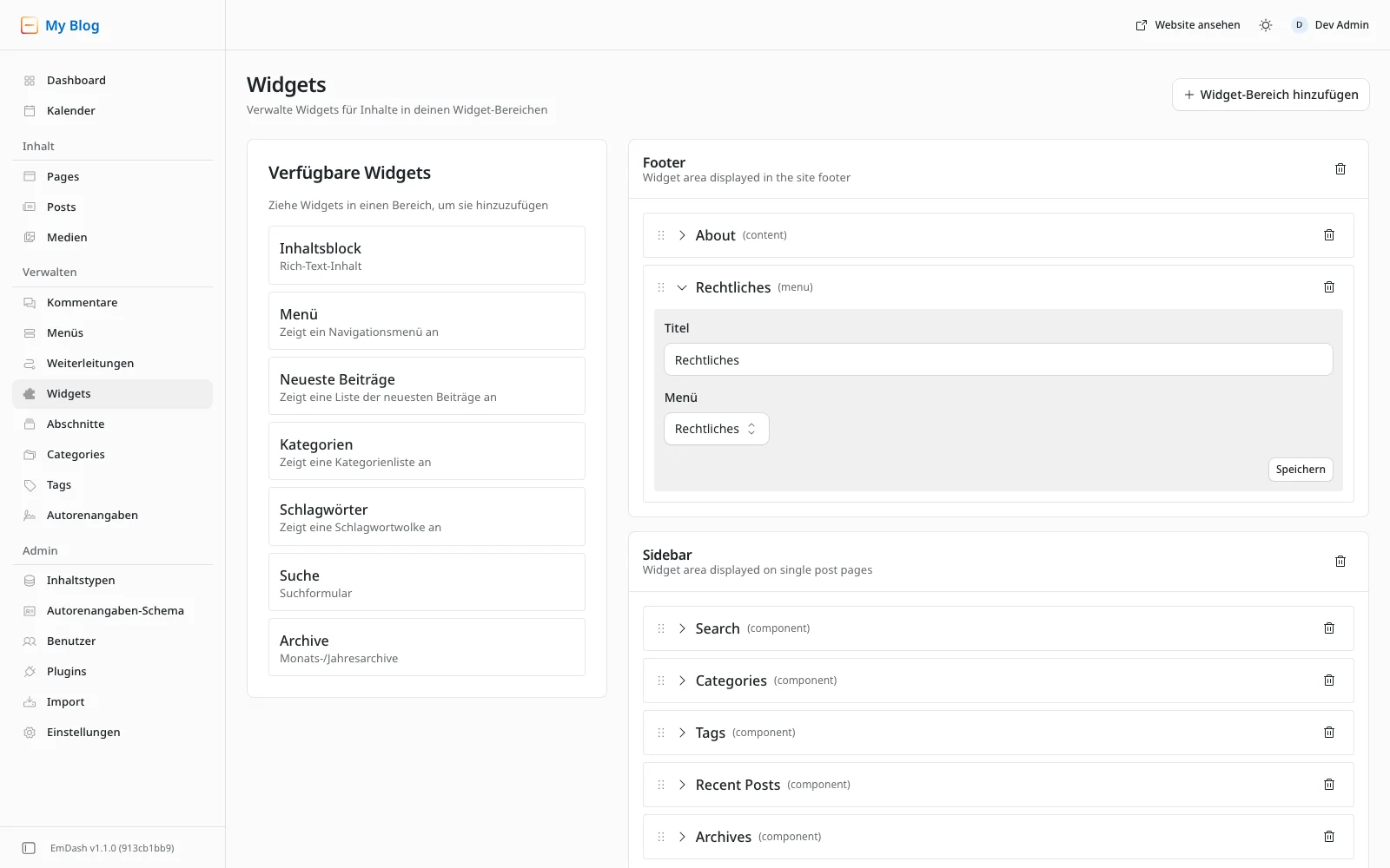 Widgets im Adminbereich: im Bereich Footer unter About das aufgeklappte Menü-Widget mit Titel Rechtliches und dem ausgewählten Menü Rechtliches, darunter der Knopf Speichern