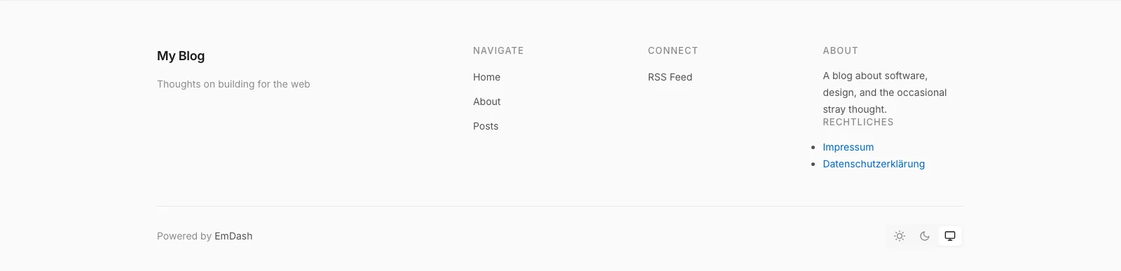 Footer of the blog template with the columns Navigate, Connect and About, and below them the new Rechtliches block with links to Impressum and Datenschutzerklärung