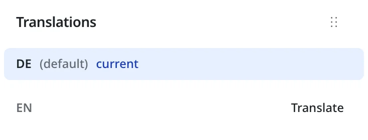 Translations section in the editor sidebar: DE (default) current, below it EN with the Translate button