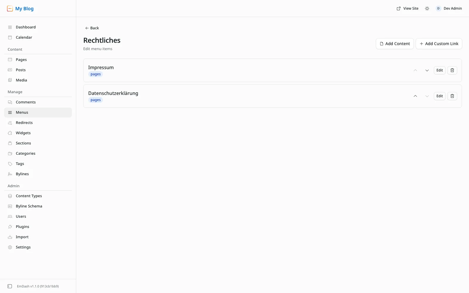 The Rechtliches menu in the admin with the items Impressum and Datenschutzerklärung, both of type pages, with the Add Content and Add Custom Link buttons at the top