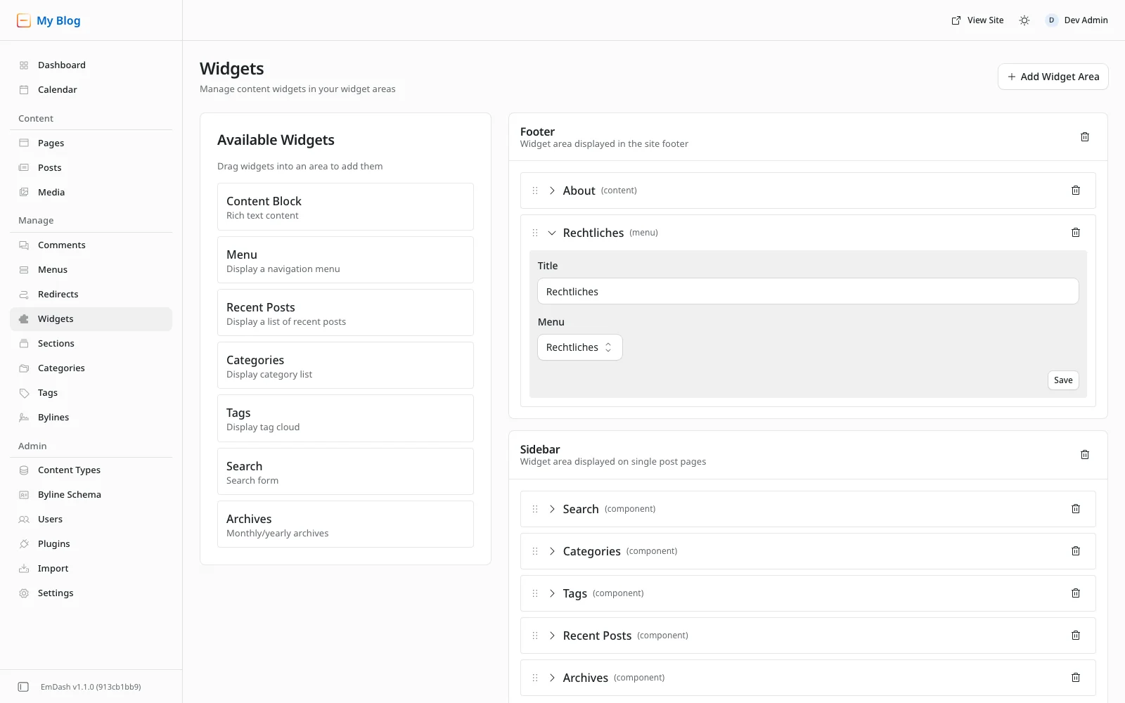 Widgets in the admin: in the Footer area, below About, the expanded Menu widget with the title Rechtliches and the menu Rechtliches selected, with the Save button below