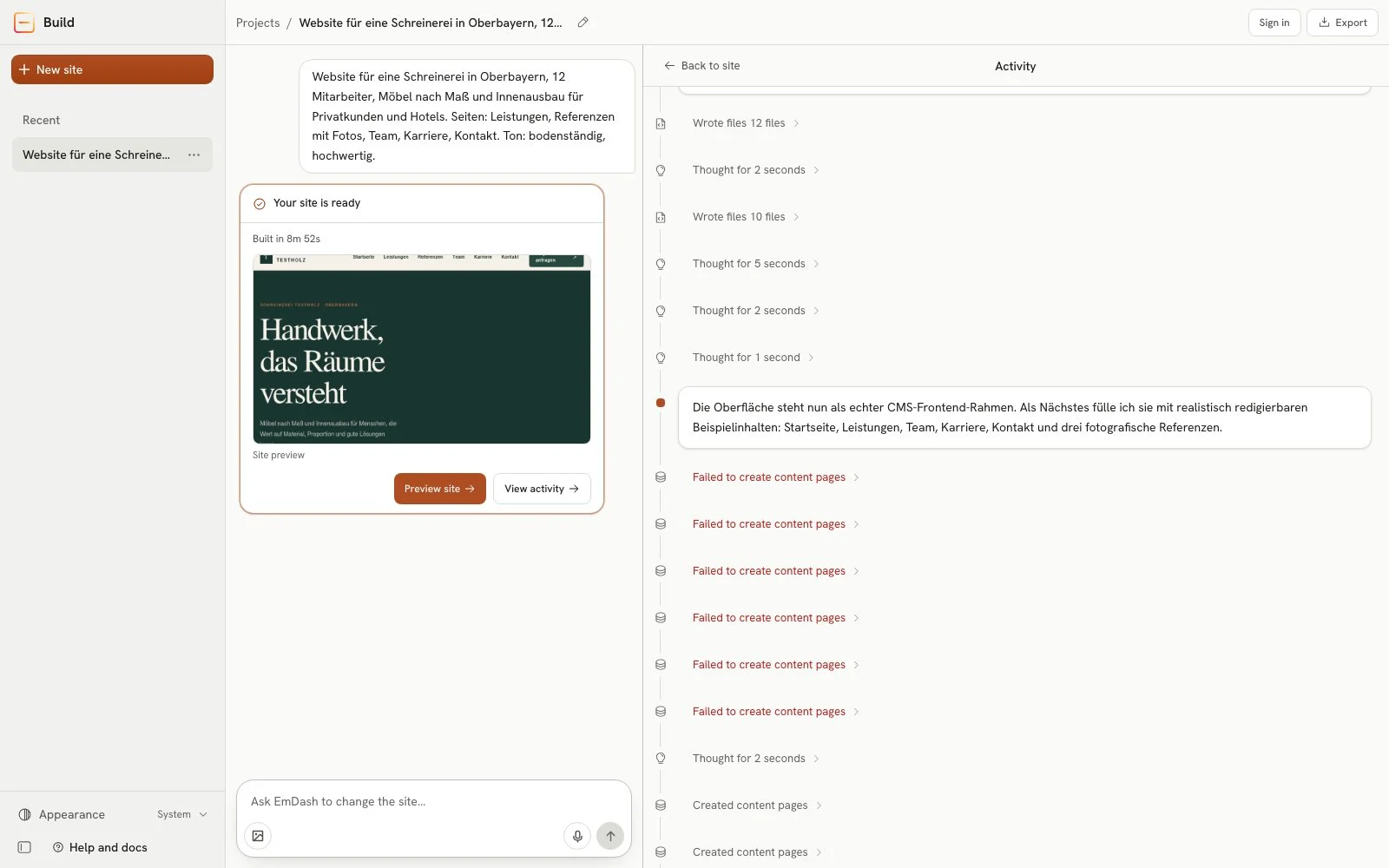 Activity log of the finished second run ("Built in 8m 52s") with six steps marked red, "Failed to create content pages", followed by "Created content pages"