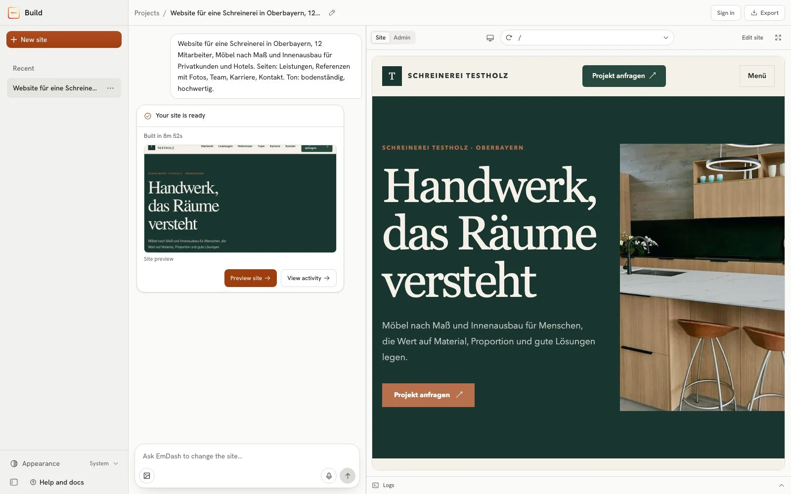 Home page of the generated site in the preview: dark green hero with the heading "Handwerk, das Räume versteht" (craftsmanship that understands rooms), a kitchen photo and a "Projekt anfragen" button. Because the builder's sidebar is open, the preview is narrow and shows a menu button instead of the navigation