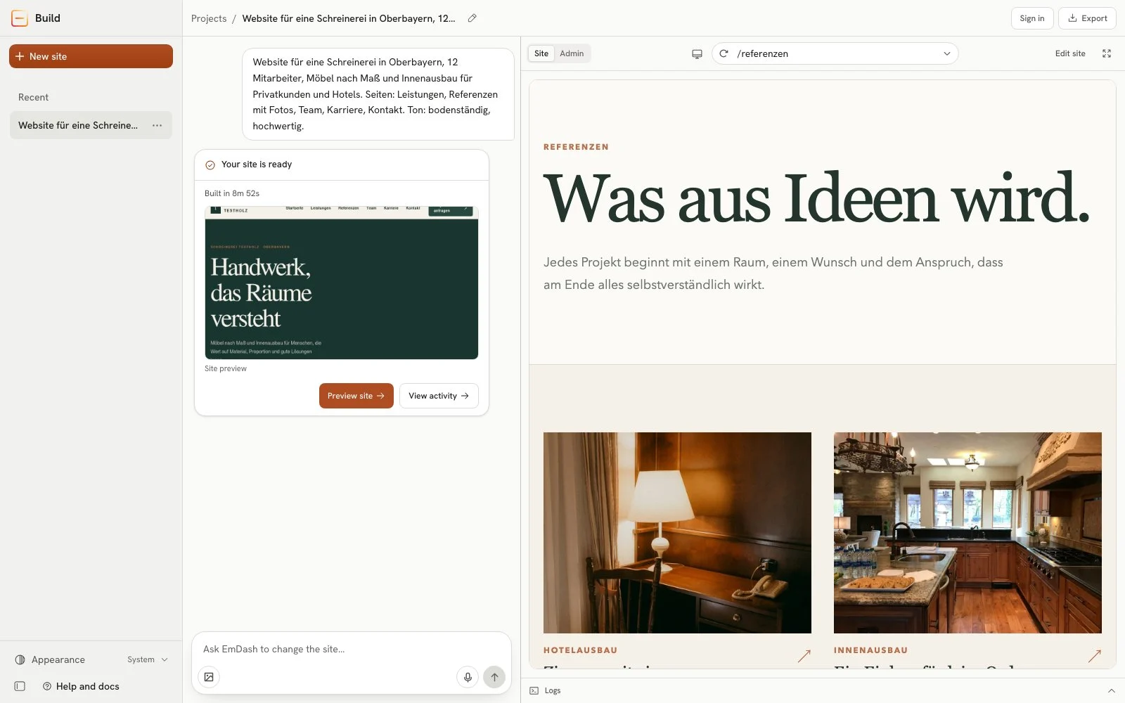 References page, "Was aus Ideen wird." (what ideas become), with the first two invented projects, in hotel fit-out and interior fit-out, illustrated with Unsplash photos