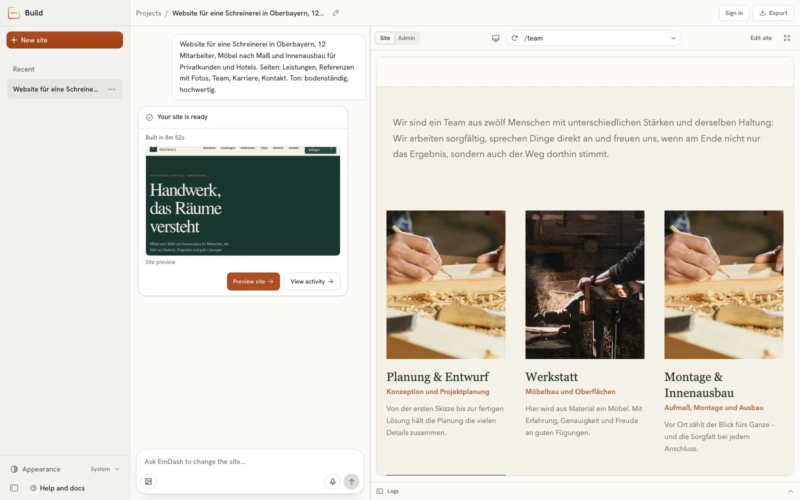 Team page with three of the four departments, planning and design, workshop, and installation and fit-out, instead of individual people; two of the departments use the same photo