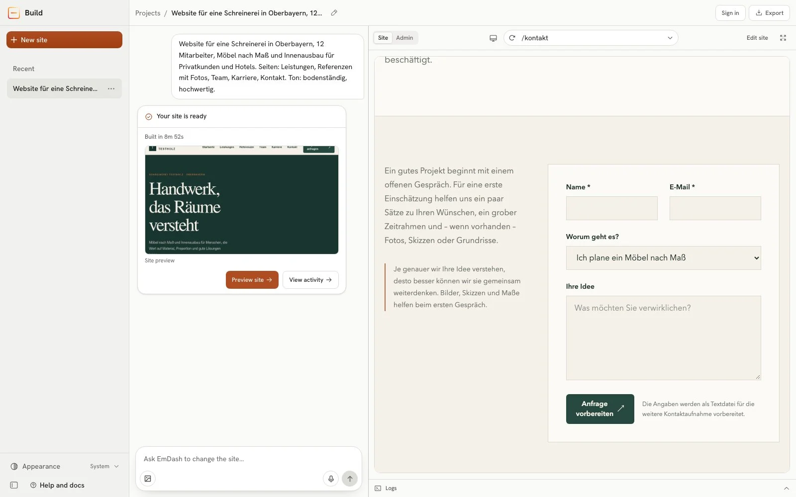 Contact page with a form for name, email, "what is it about?" and "your idea", a button "Anfrage vorbereiten" (prepare enquiry), and the note that the details will be prepared as a text file for getting in touch