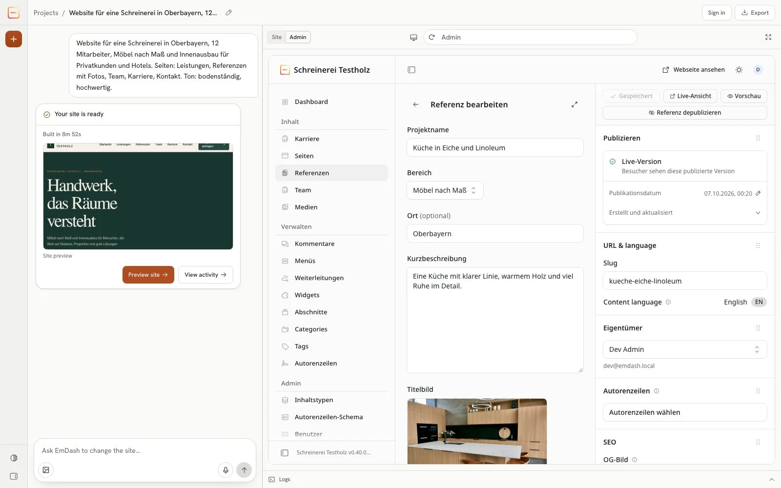 The admin in German, editing a reference with project name, area "Möbel nach Maß", location and short description; on the right, the English leftovers "URL & language" and "Content language: English"