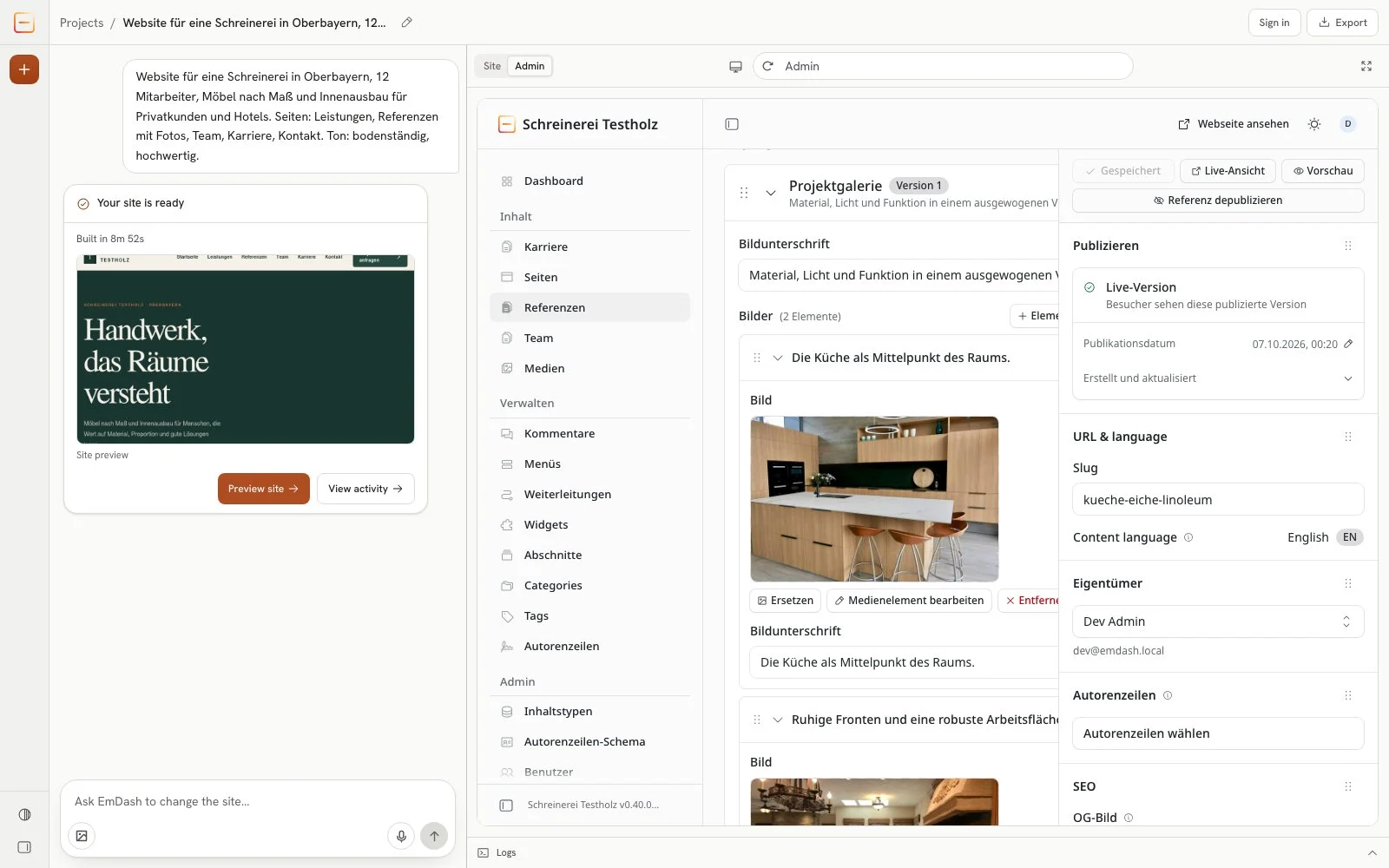 Project gallery in a reference's editor: a caption for the gallery and two images, each with its own caption
