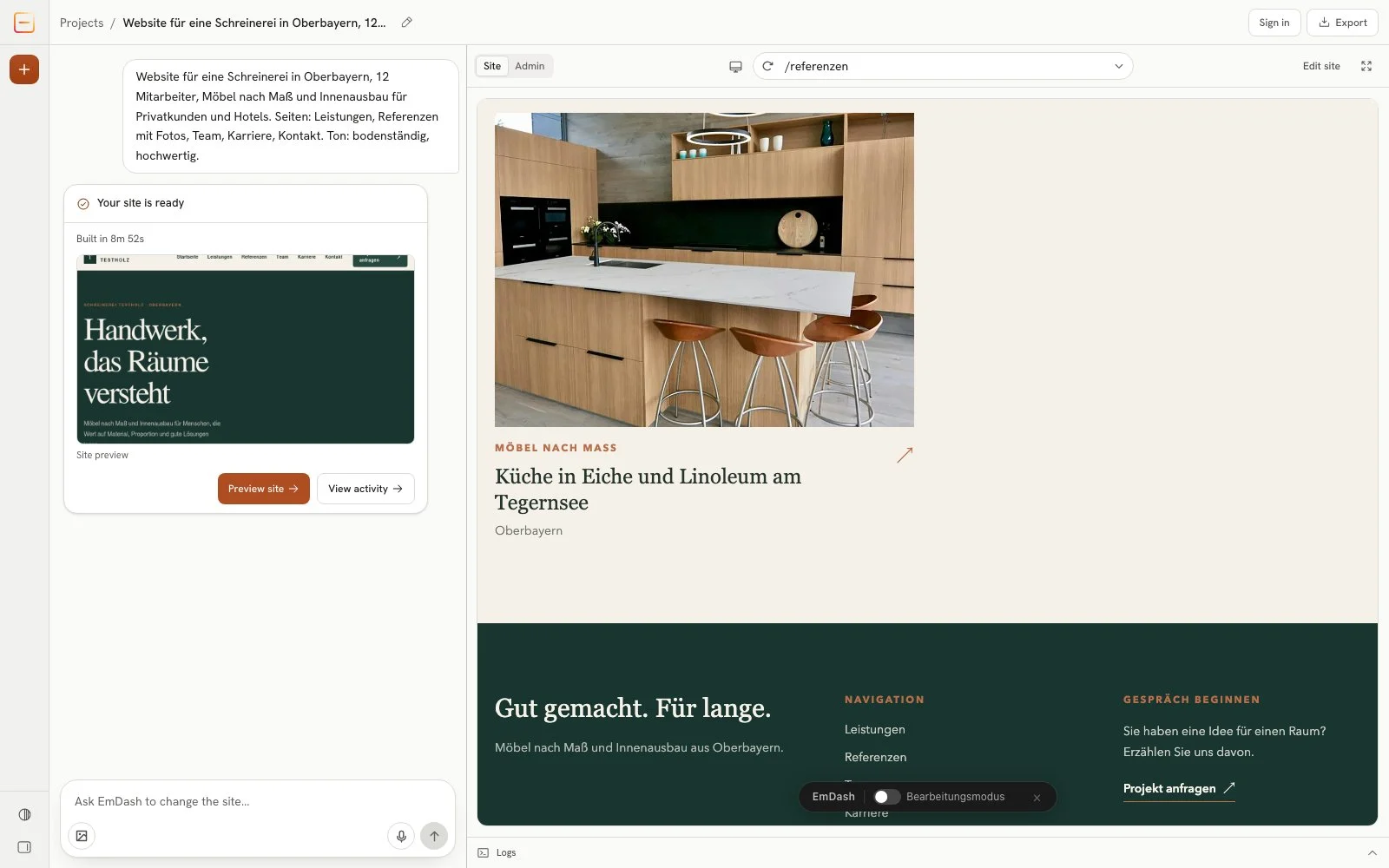 References page after the admin edit, with the new title "Küche in Eiche und Linoleum am Tegernsee", the footer with "Gut gemacht. Für lange." below it, and EmDash's toolbar with the "Bearbeitungsmodus" (edit mode) switch