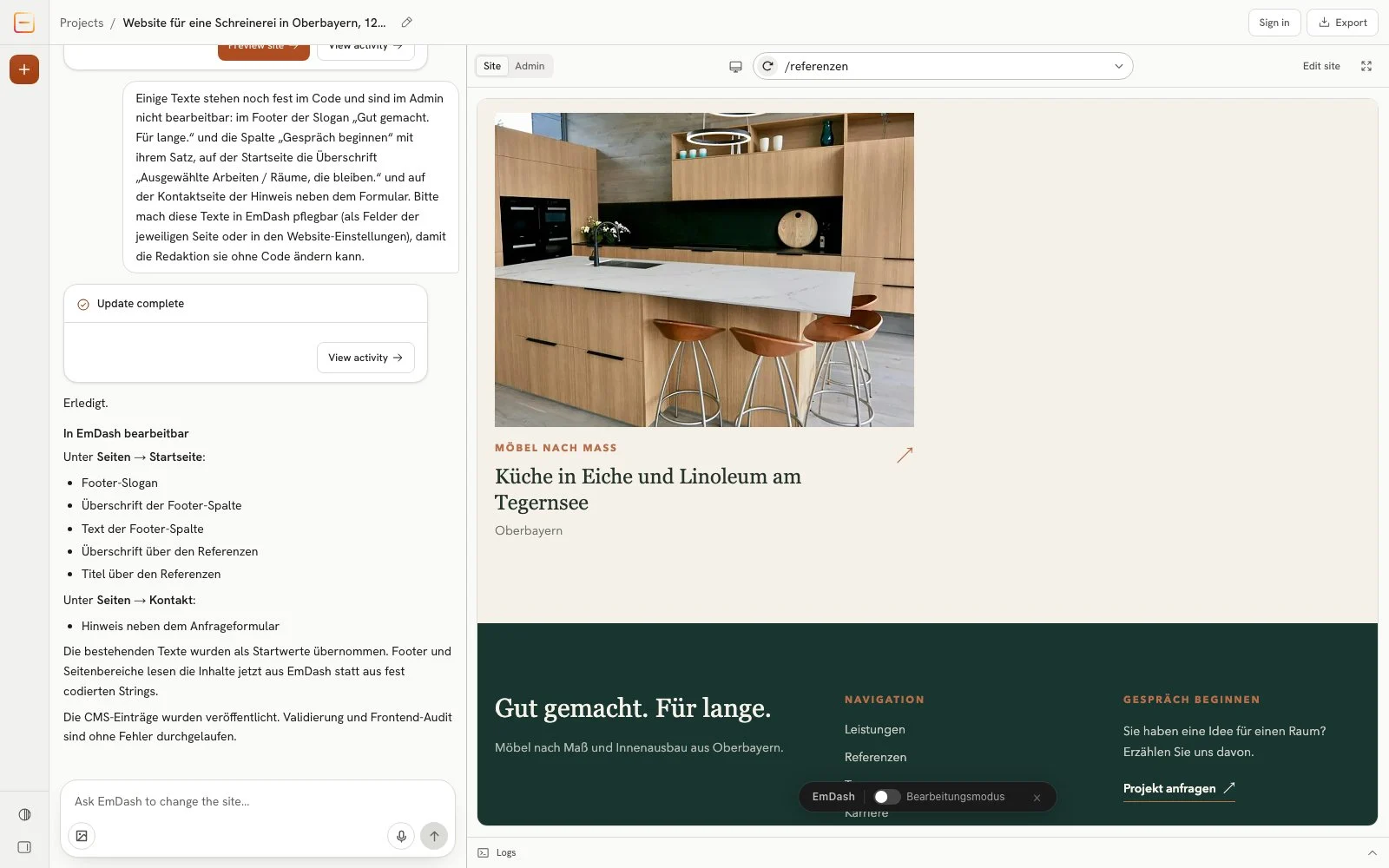 Follow-up request in the chat to make the hard-coded copy editable, and the agent's reply: "Update complete", listing the new fields under Seiten → Startseite and Seiten → Kontakt