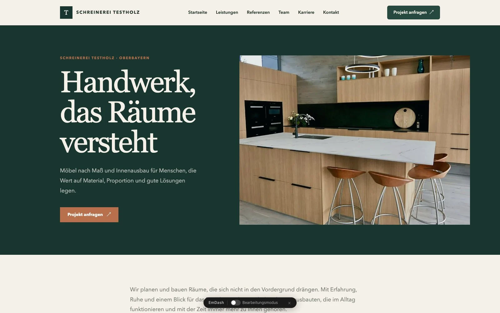The exported clone running locally with pnpm dev: the same home page at full width, now with the navigation Startseite, Leistungen, Referenzen, Team, Karriere and Kontakt, and EmDash's edit-mode toolbar at the bottom