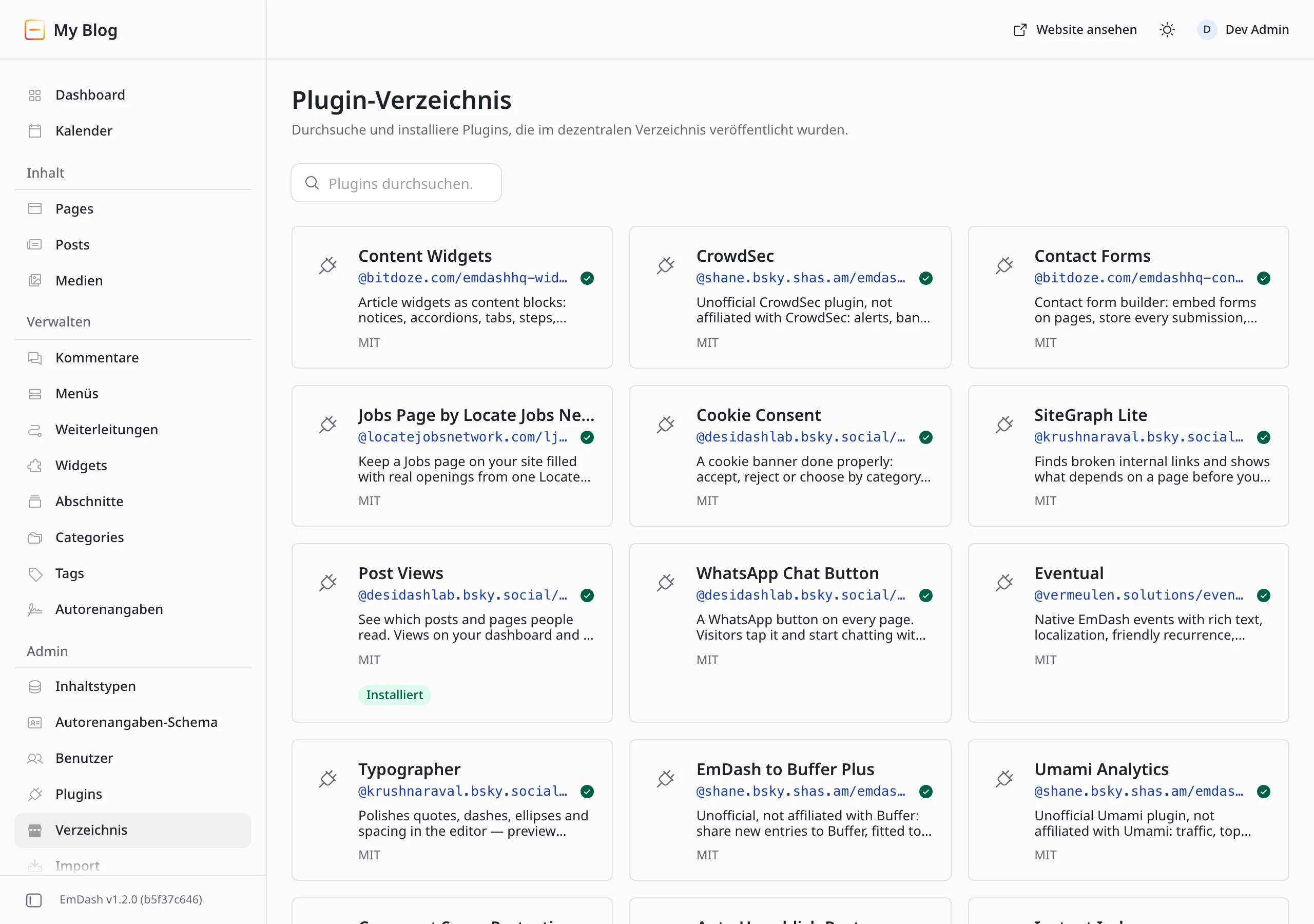 Das Admin von EmDash 1.2.0 auf der Node.js-Testsite zeigt das Plugin-Verzeichnis mit Karten für Content Widgets, CrowdSec, Contact Forms, Cookie Consent, Post Views und weitere Plugins. Post Views ist als installiert markiert.