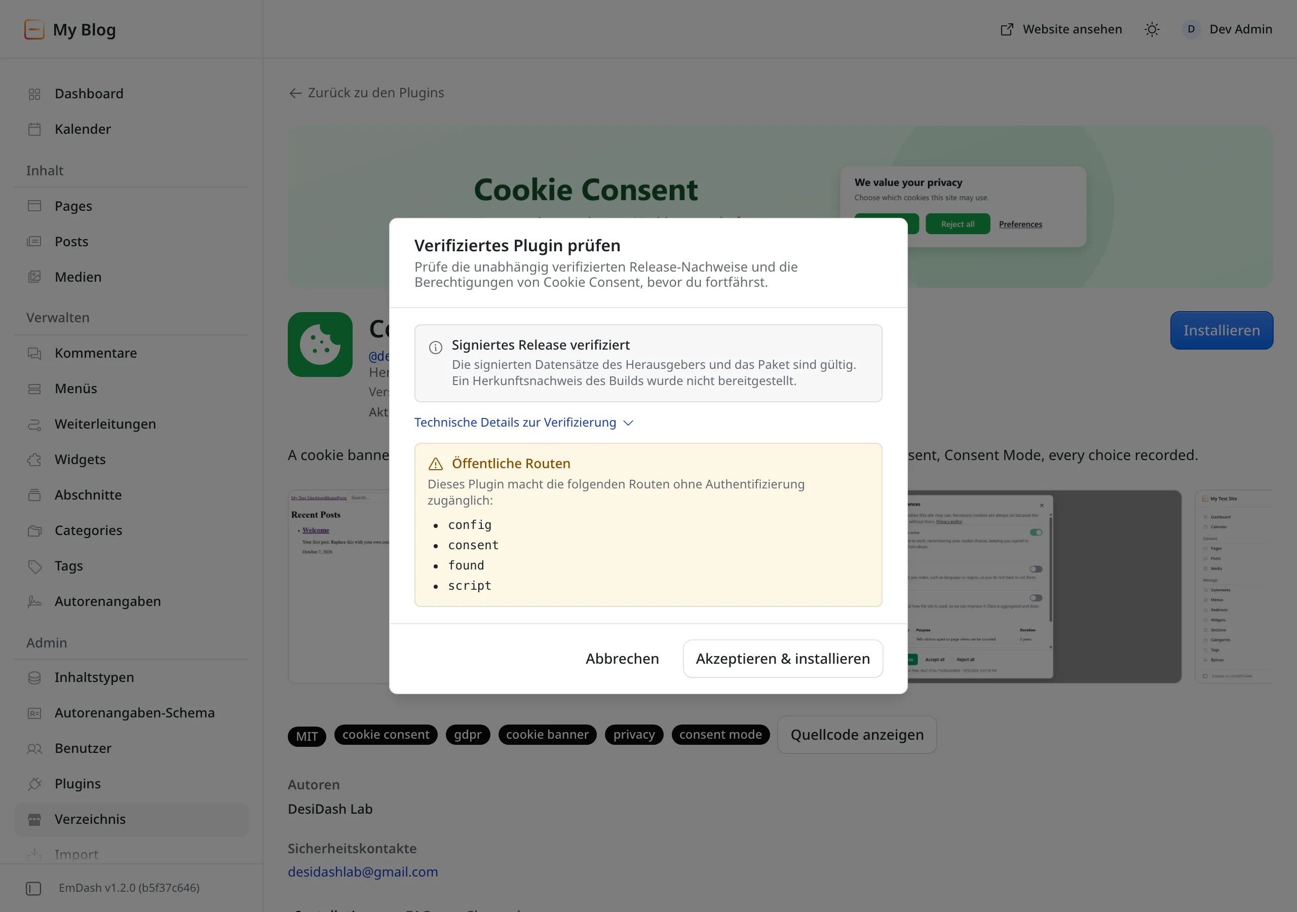 Der Dialog „Verifiziertes Plugin prüfen“ für das Plugin Cookie Consent: Das signierte Release ist verifiziert, darunter eine Warnung, dass das Plugin vier öffentliche Routen ohne Anmeldung bereitstellt. Unten die Knöpfe Abbrechen und Akzeptieren & installieren.