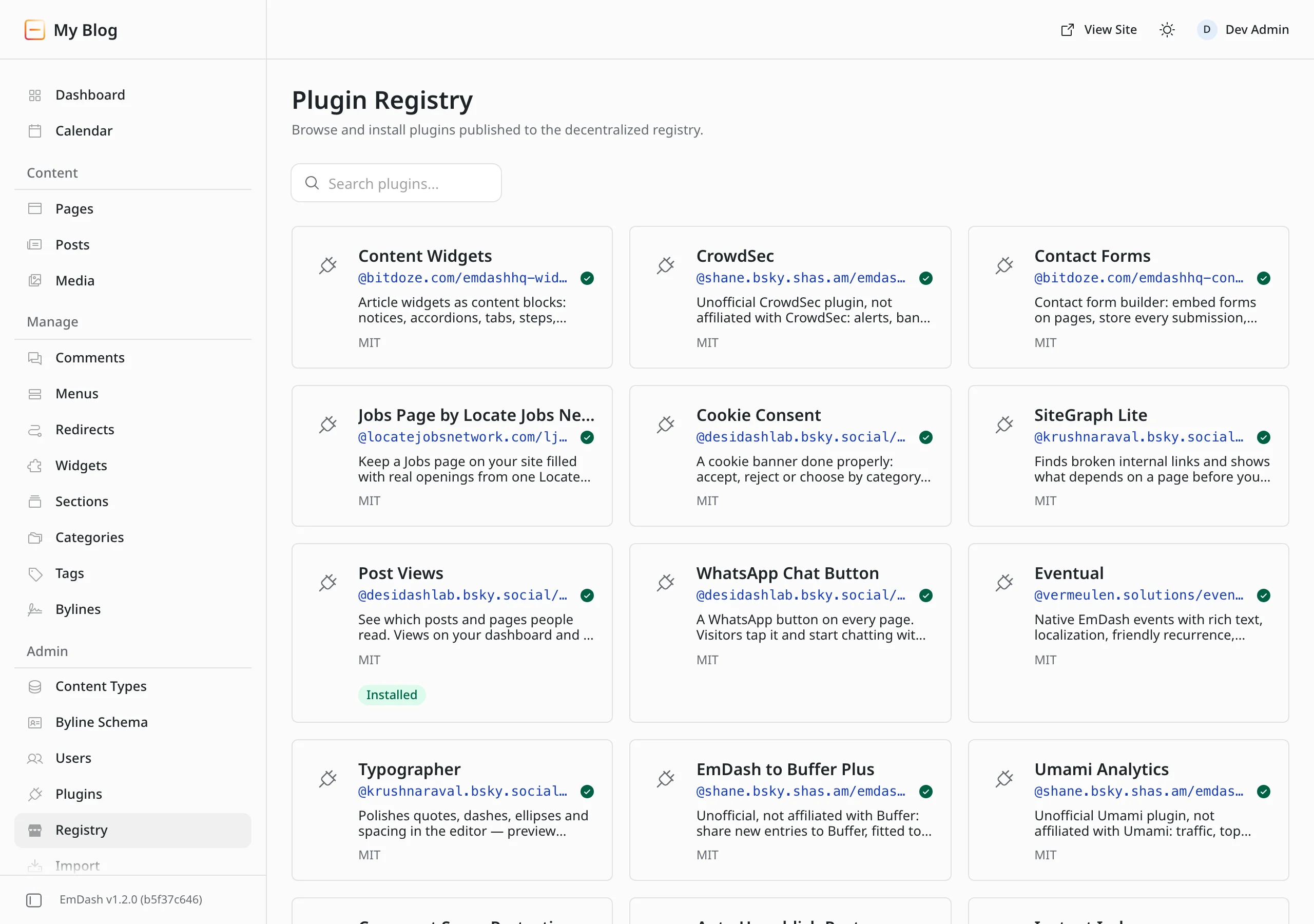 The admin of EmDash 1.2.0 on the Node.js test site shows the plugin registry with cards for Content Widgets, CrowdSec, Contact Forms, Cookie Consent, Post Views and more. Post Views is marked as installed.