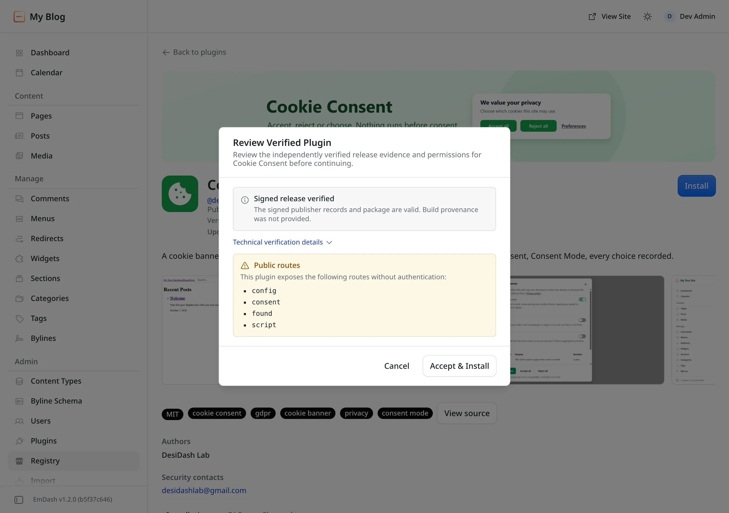 The "Review Verified Plugin" dialog for the Cookie Consent plugin: the signed release is verified, followed by a warning that the plugin exposes four public routes without authentication. At the bottom, the buttons Cancel and Accept & Install.