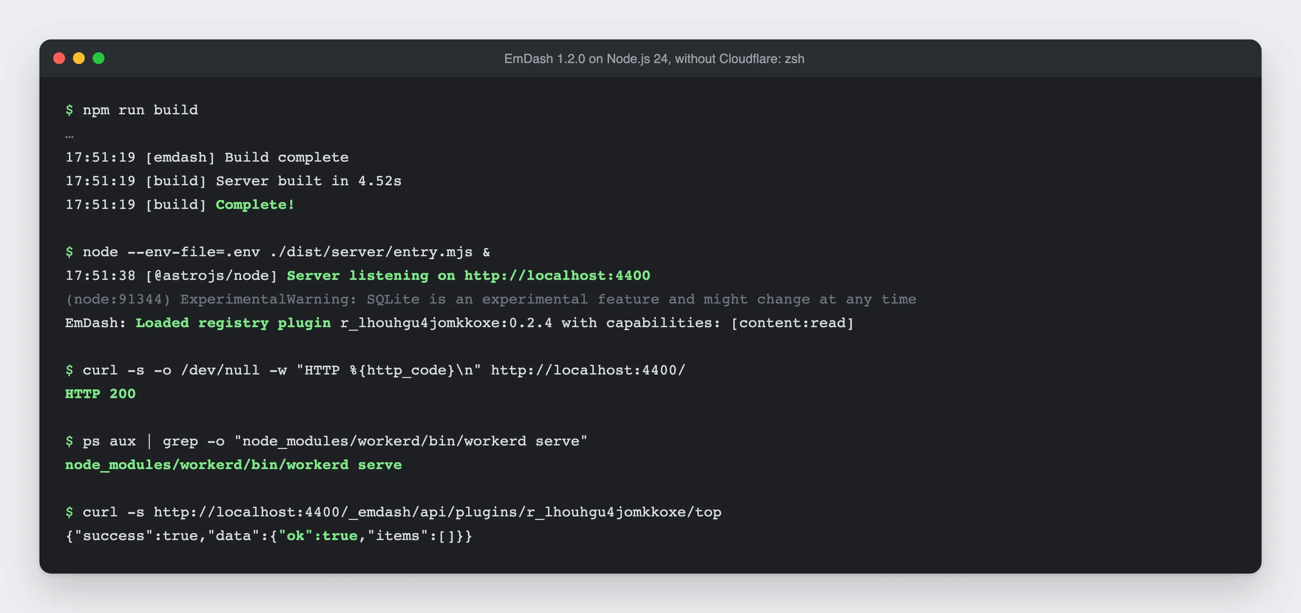 A terminal shows the site build, the start with node ./dist/server/entry.mjs, the log line "Loaded registry plugin" for Post Views, an HTTP 200 response from the home page, the running workerd process and a successful response from the plugin route.
