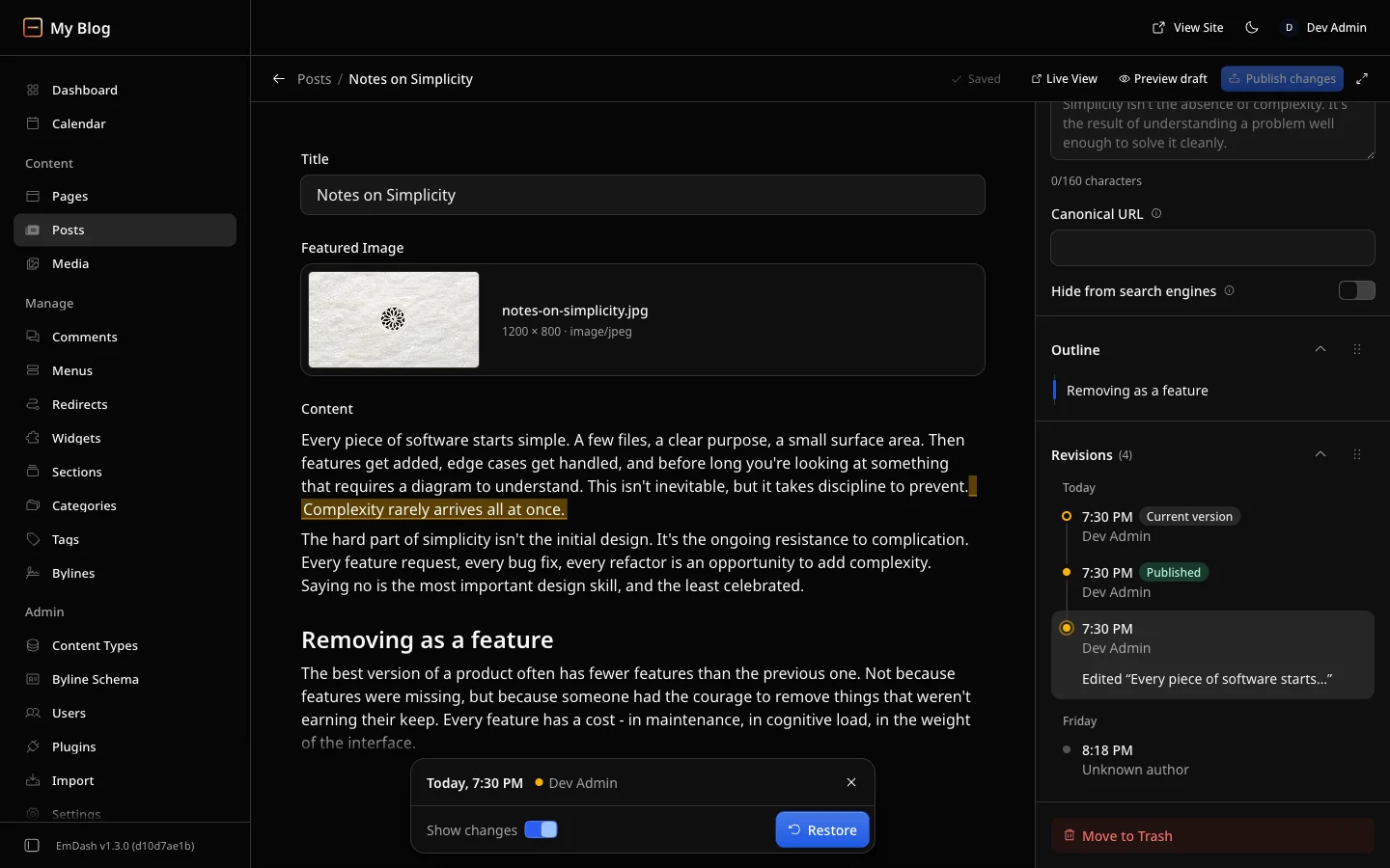 The EmDash 1.3 editor showing an older version of the post "Notes on Simplicity". The sentence "Complexity rarely arrives all at once." is highlighted in yellow. On the right, the Revisions panel lists four versions with time and name, the open one with the note "Edited "Every piece of software starts…"". At the bottom a bar with the switch Show changes and the button Restore.