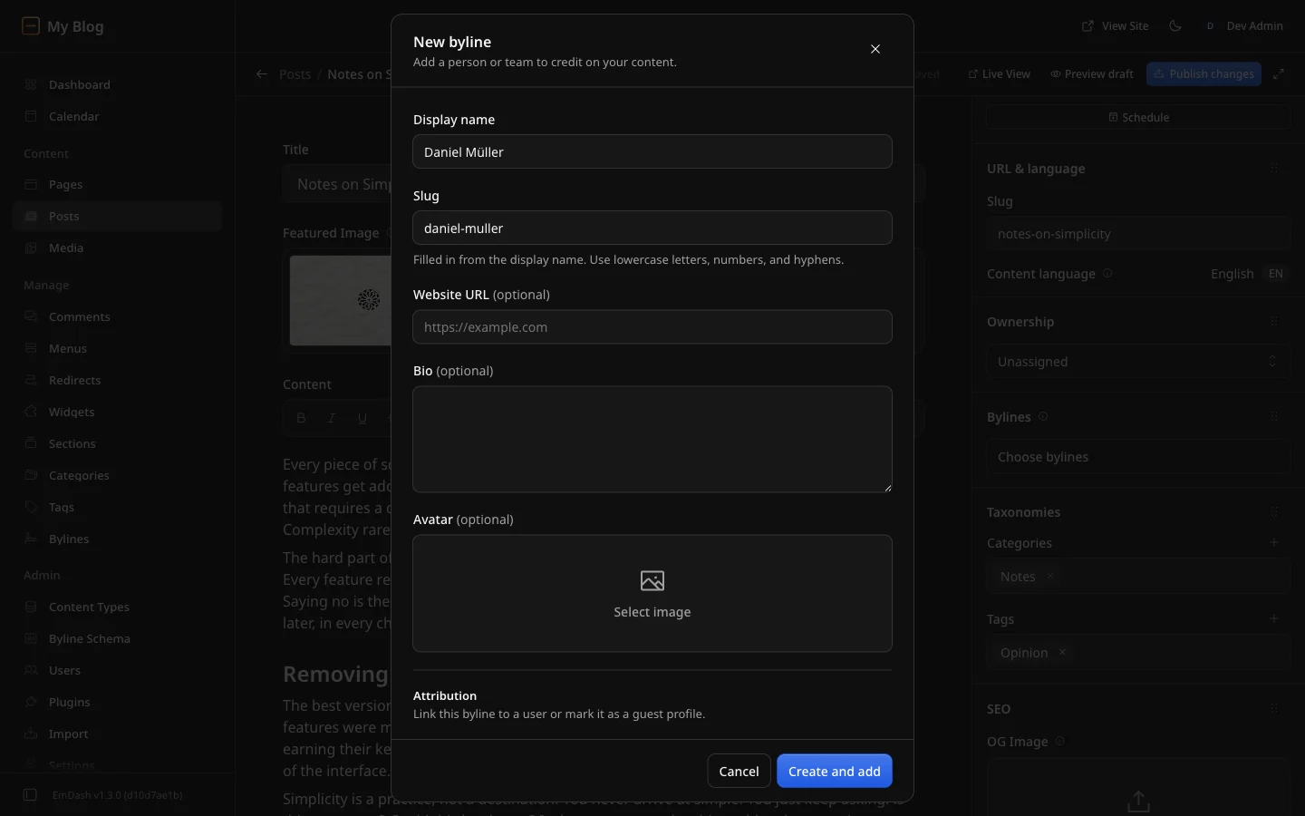 The dialog "New byline" above the EmDash 1.3 editor. Fields for display name, slug, website URL, bio and avatar, below them the Attribution section. At the bottom the buttons Cancel and Create and add.